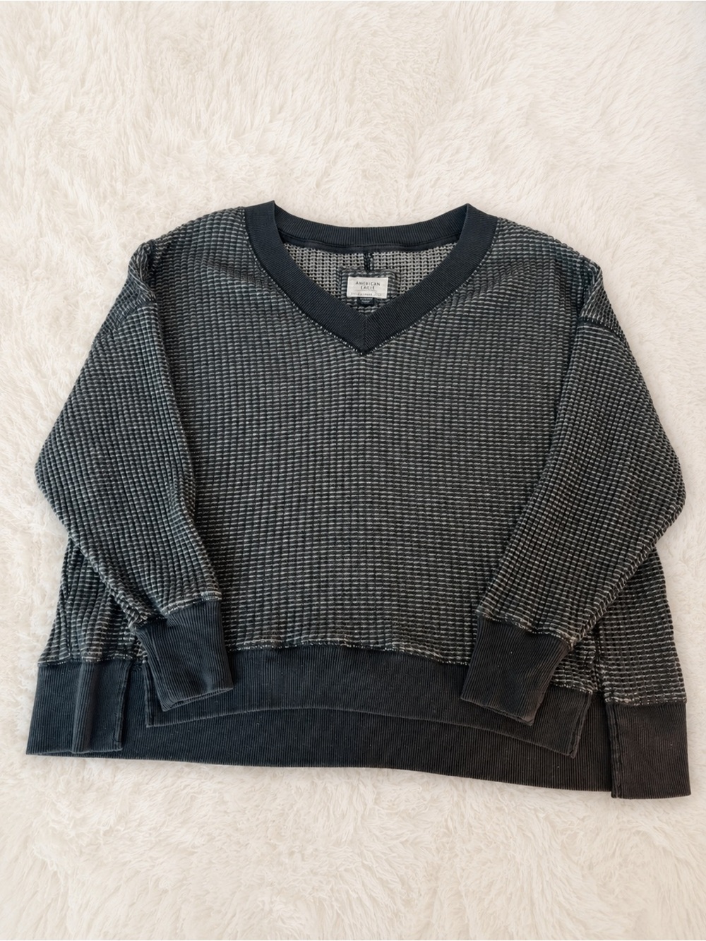 American Eagle Outfitters Oversized Dusty Blue and White Waffle V-Neck Sweater